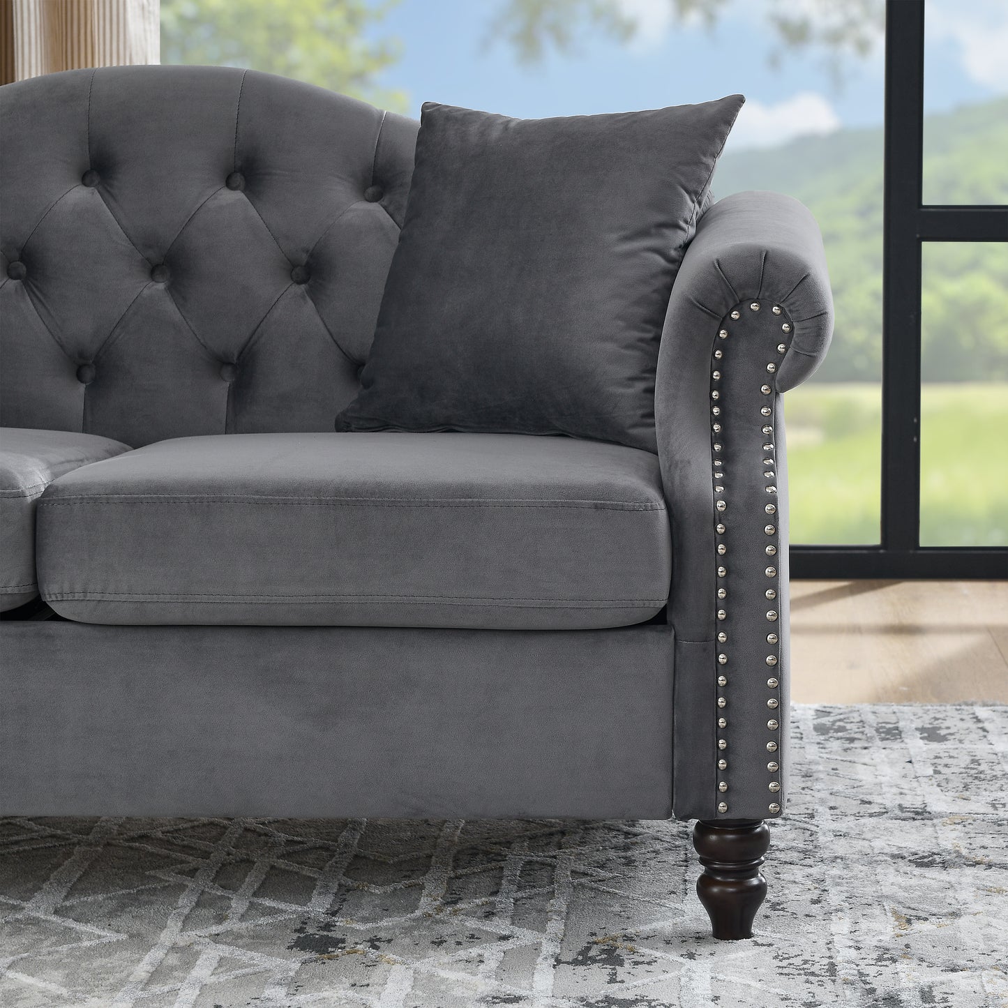 Luxurious Grey Velvet Chesterfield 3-Seater and 2-Seater Combination Sofa