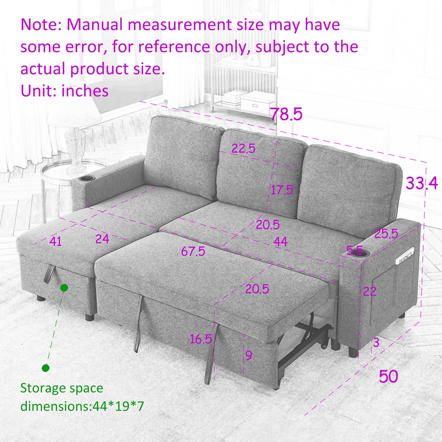 FX78.7"Comfortable Linen L-Shaped Combo Sofa Sofa Bed, Living Room Furniture Sets for Tight Spaces, Reversible Sleeper Combo Sofa with Pullout Bed,Reversible Sofa Bed for Living Room, Office, Apartmen