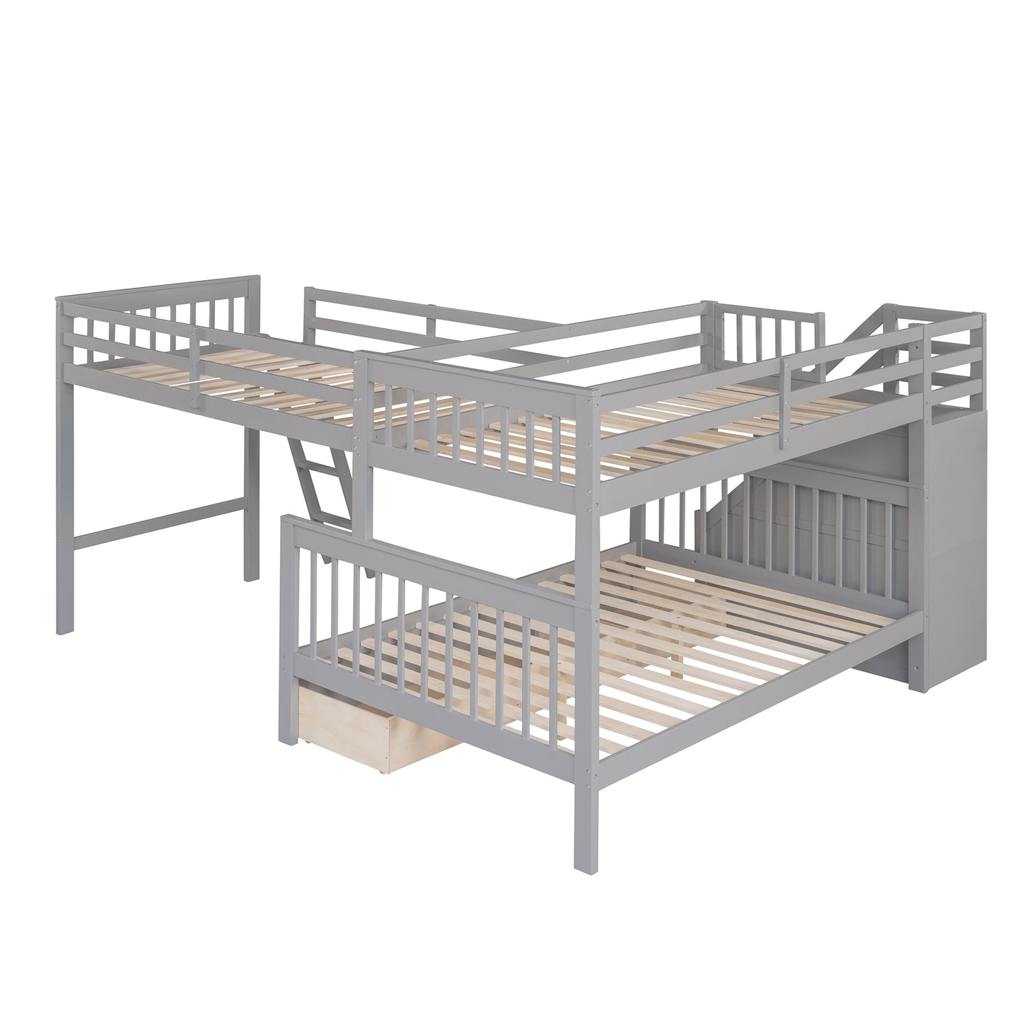 Gray Twin over Full L-Shaped Bunk Bed with Storage Drawers