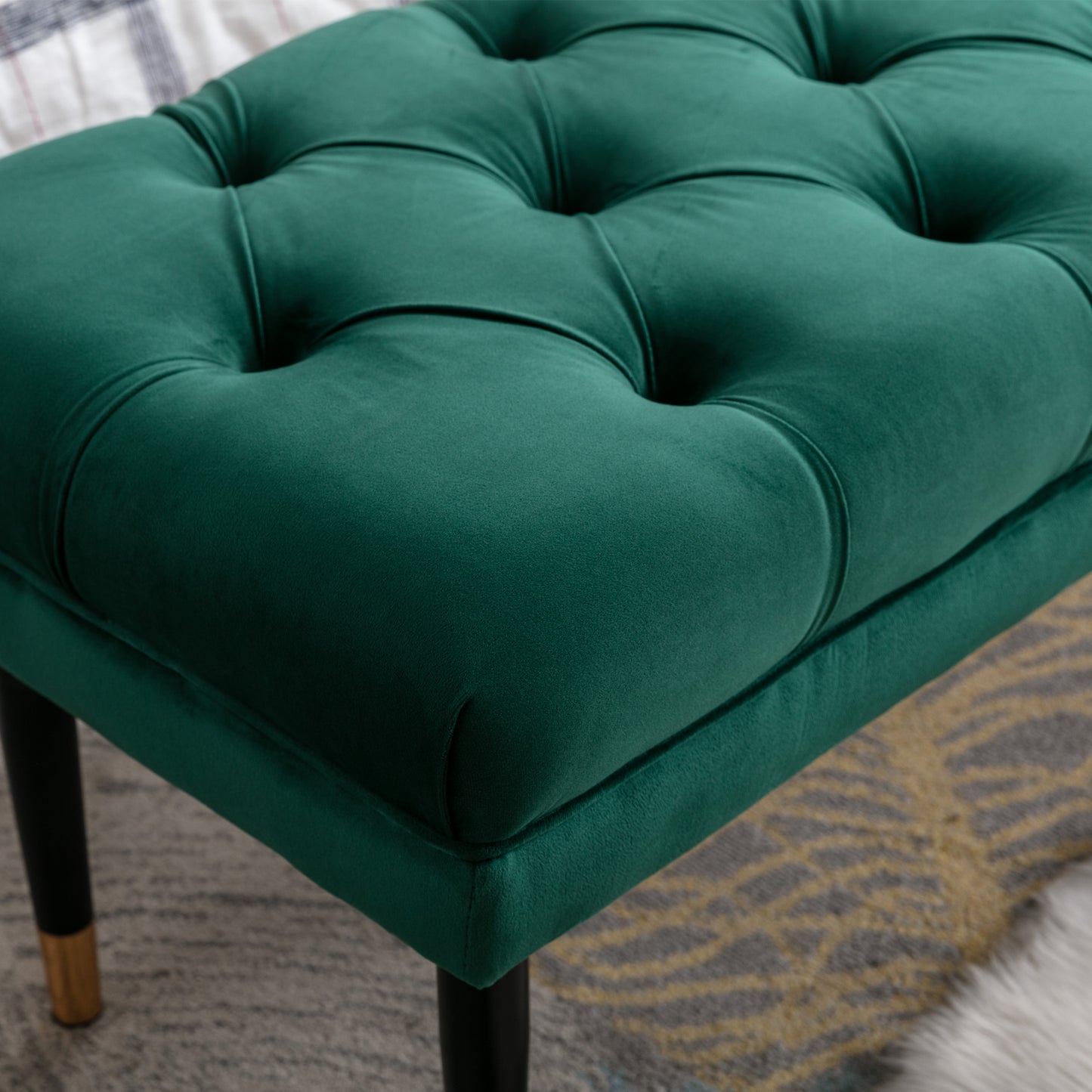 Tufted Bench Modern Velvet Button Upholstered Ottoman enches Bedroom Rectangle Fabric Footstool with Metal Legs for Living Room Entryway,Green