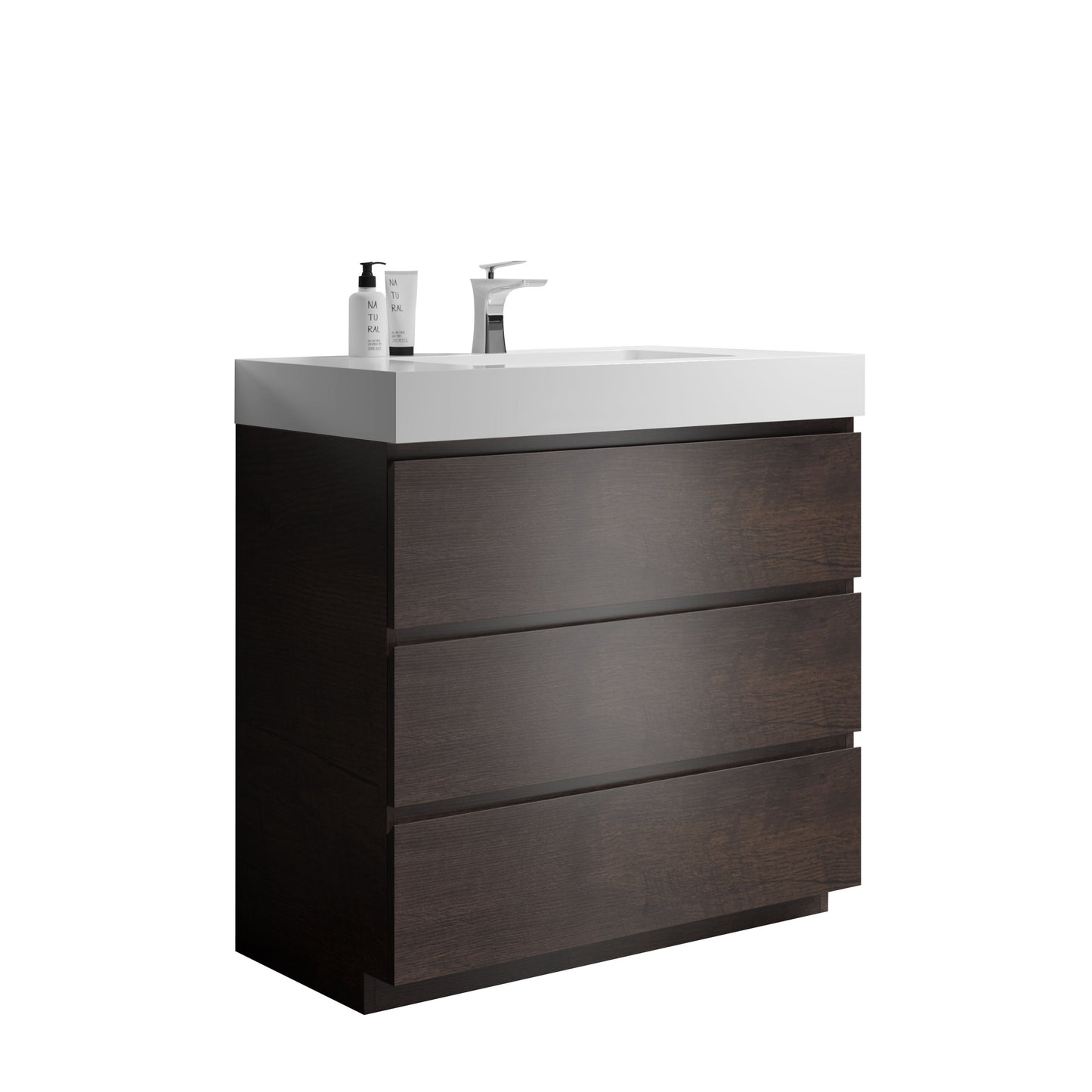 Alice-36F-105,Floor cabinet WITHOUT basin,Walnut color,With three drawers