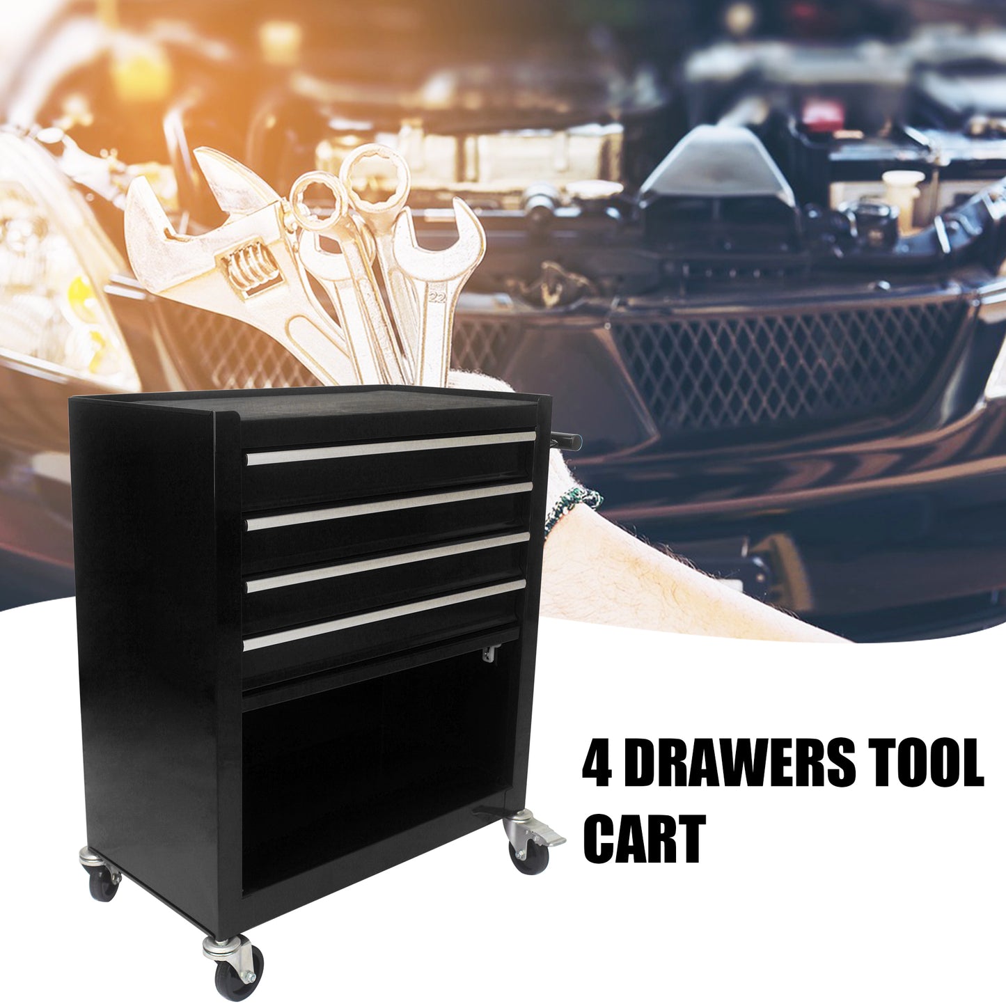 4 DRAWERS MULTIFUNCTIONAL TOOL CART WITH WHEELS-BLACK