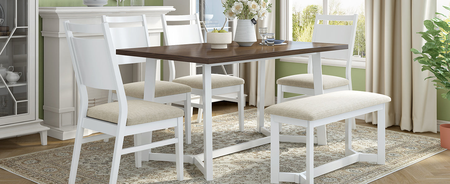 Farmhouse 6-Piece Wood Dining Table Set with 4 Upholstered Chairs and Bench, White