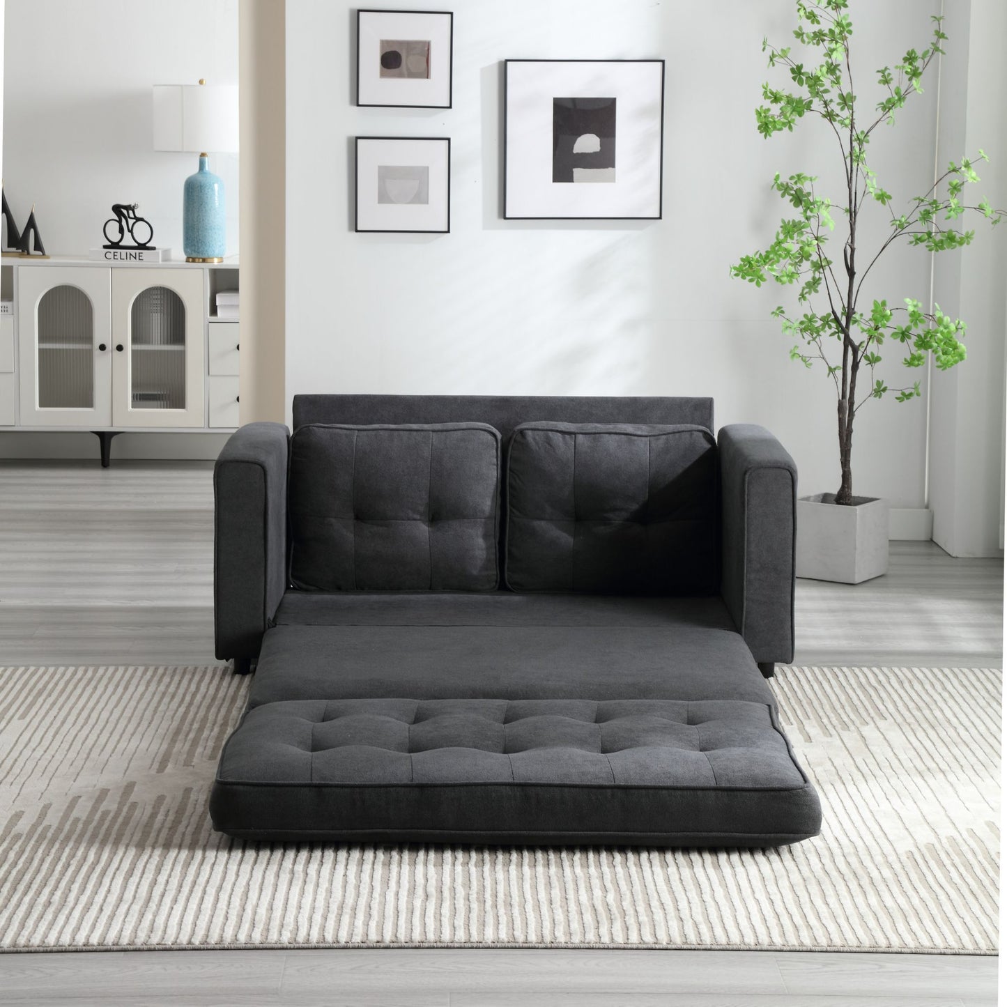 Convertible 3-Fold Sofa Bed with Side Storage, Velvet Linen Fabric