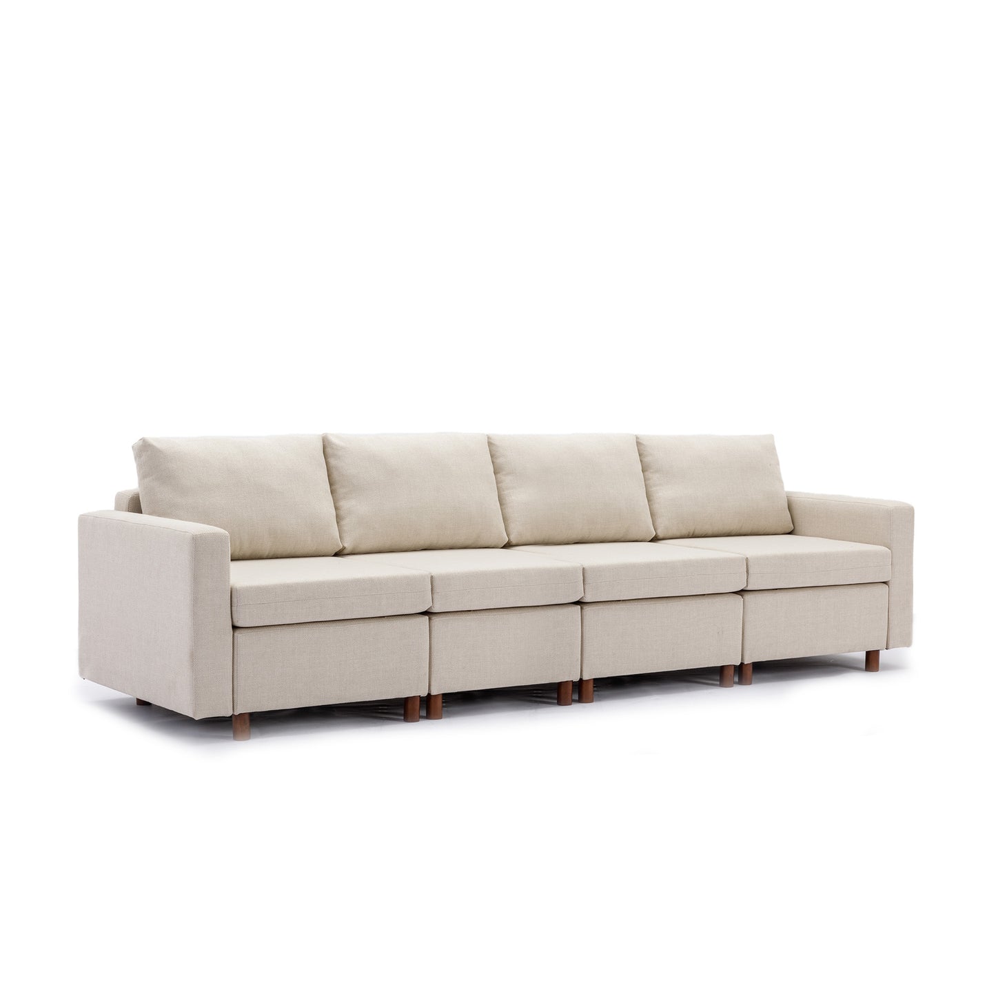 Sectional Sofa with 4 Seats and 2 Ottomans, Cream Linen Upholstery