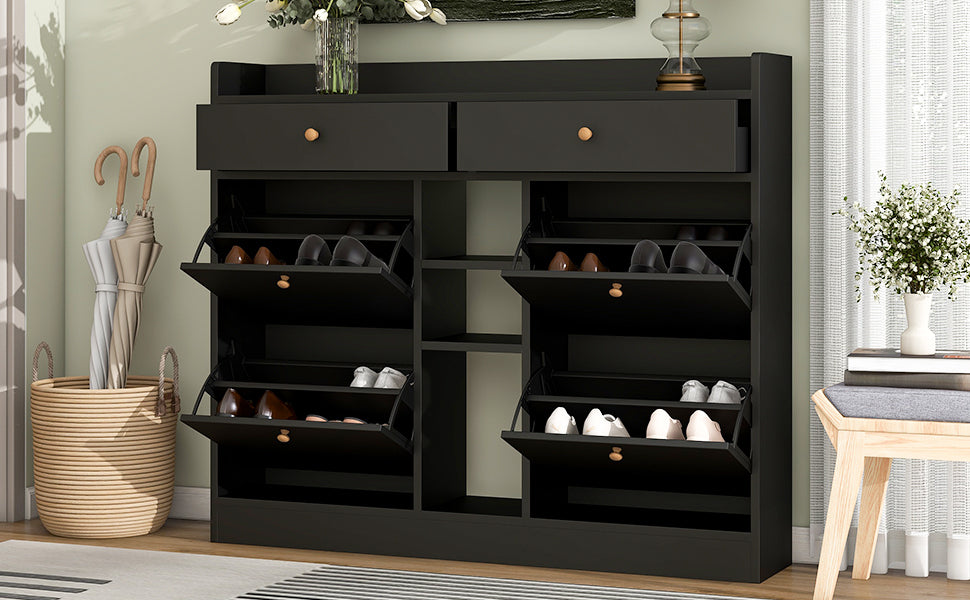 Modern Shoe Cabinet with 4 Flip Drawers, Multifunctional 2-Tier Shoe Storage Organizer with Drawers, Free Standing Shoe Rack for Entrance Hallway, Black.