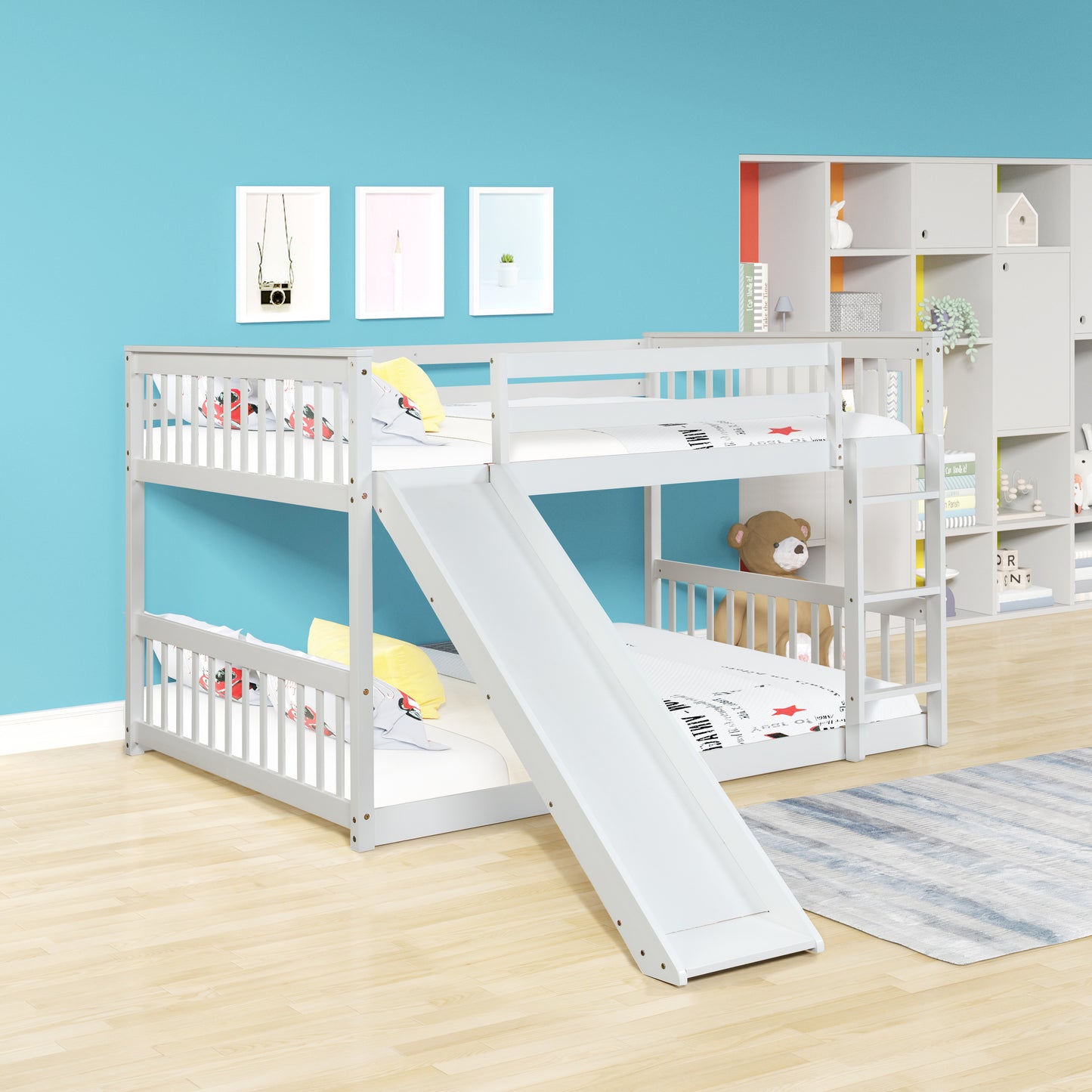 Full over Full White Bunk Bed with Slide and Ladder