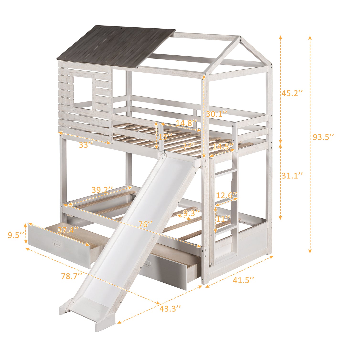 House-Shaped Twin Bunk Bed with Slide and Storage Drawers, Antique White