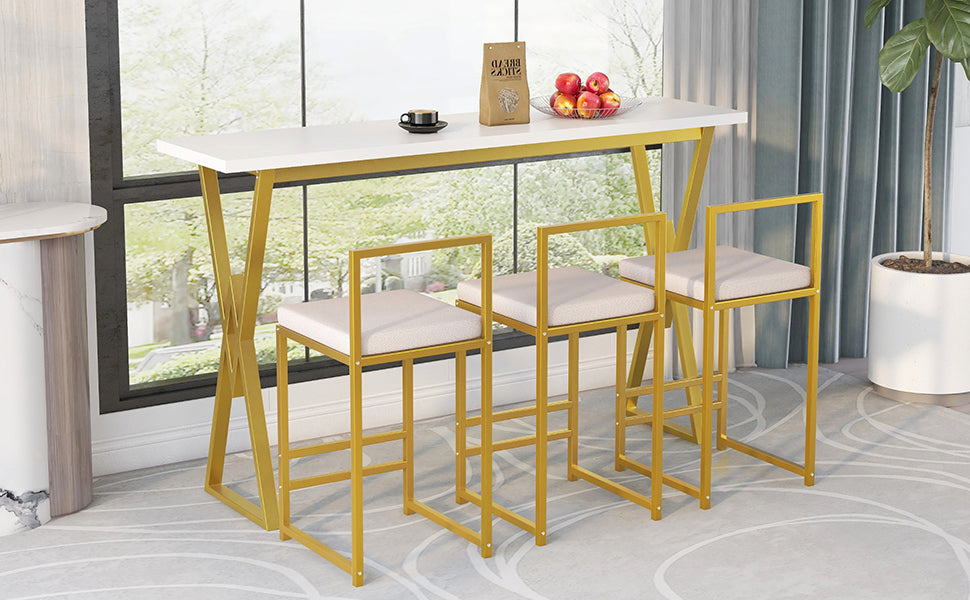 Modern 4-Piece Counter Height Extra Long Console Bar Dining Table Set with 3 Padded Stools for Small Places, Gold