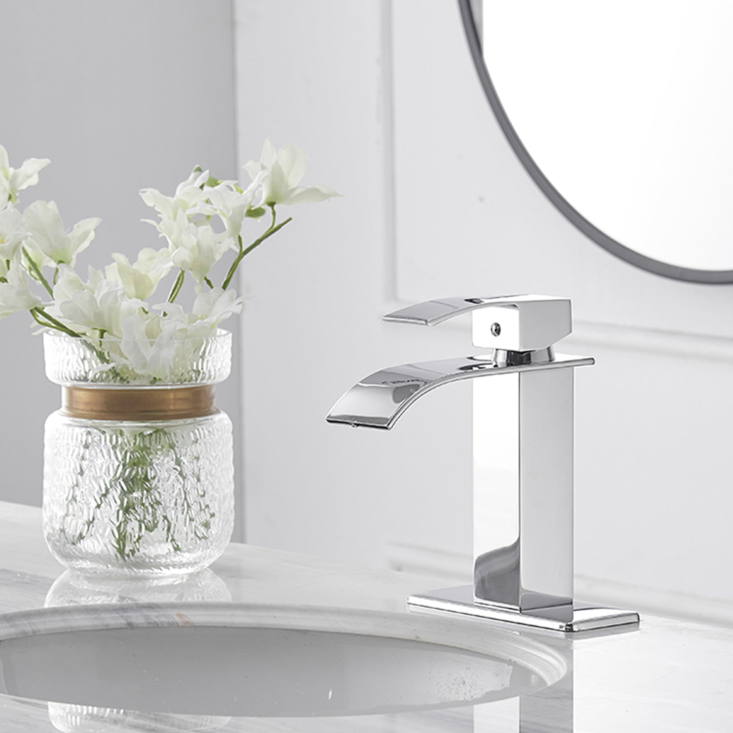 Chrome Waterfall Bathroom Faucet with Single-Handle Low-Arc Design