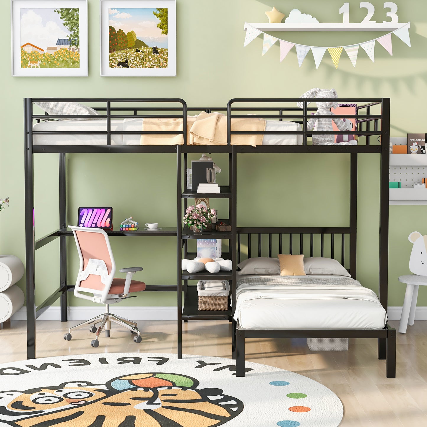 Black Metal Bunk Bed with Desk, Shelves, and Ladder