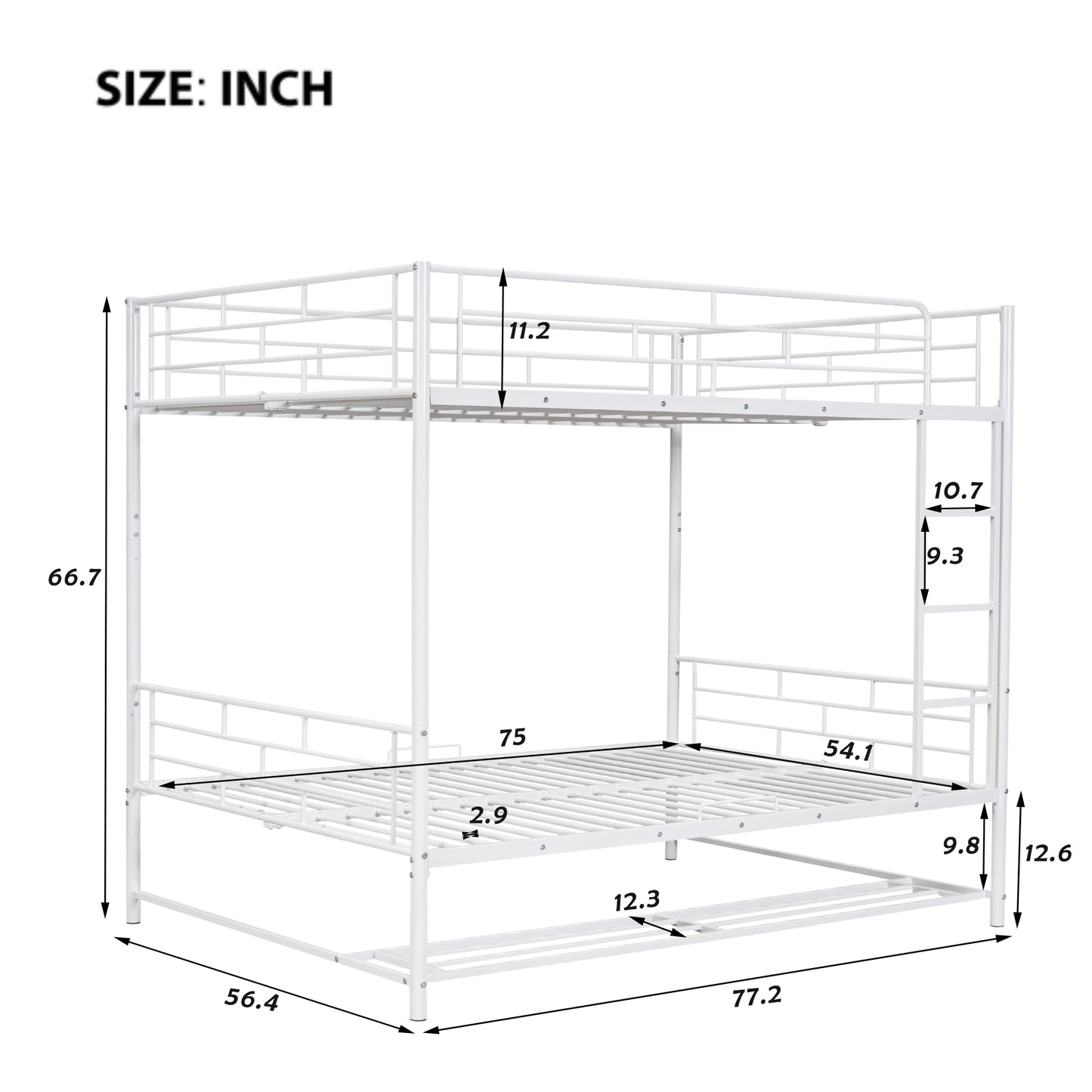 Full Metal Bunk Bed with Shelf and Guardrails in White, Full Over Full