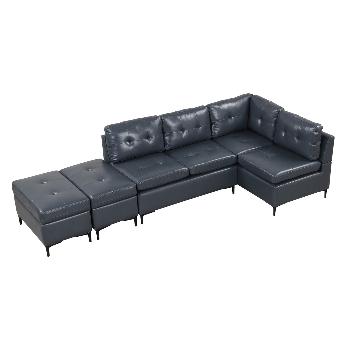 Blue L-Shaped Sectional Sofa Set with Movable Storage Ottomans