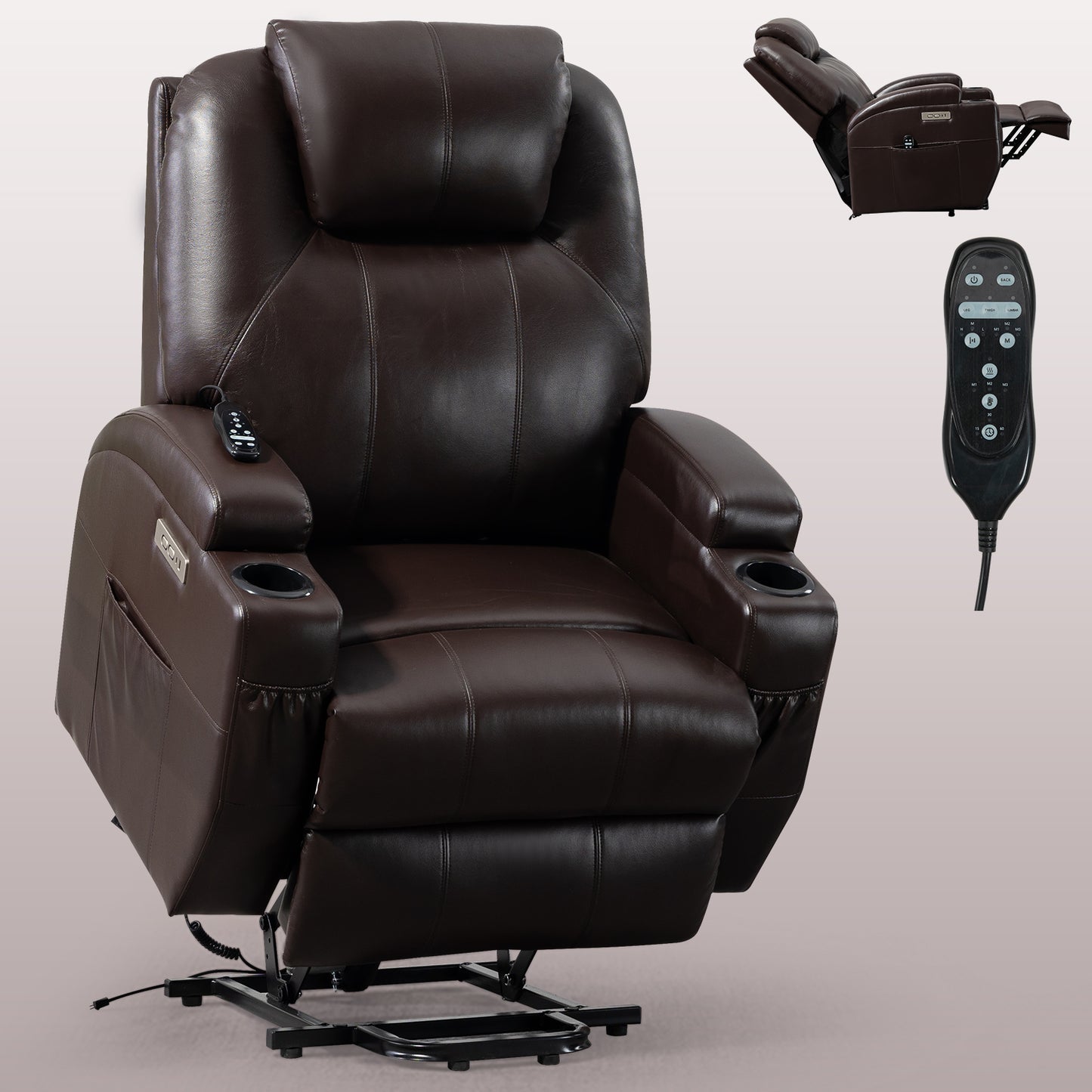 350lbs Okin Motor Power Lift Recliner Chair with Massage and Heating, Cup Holders and USB Charge Port - Brown