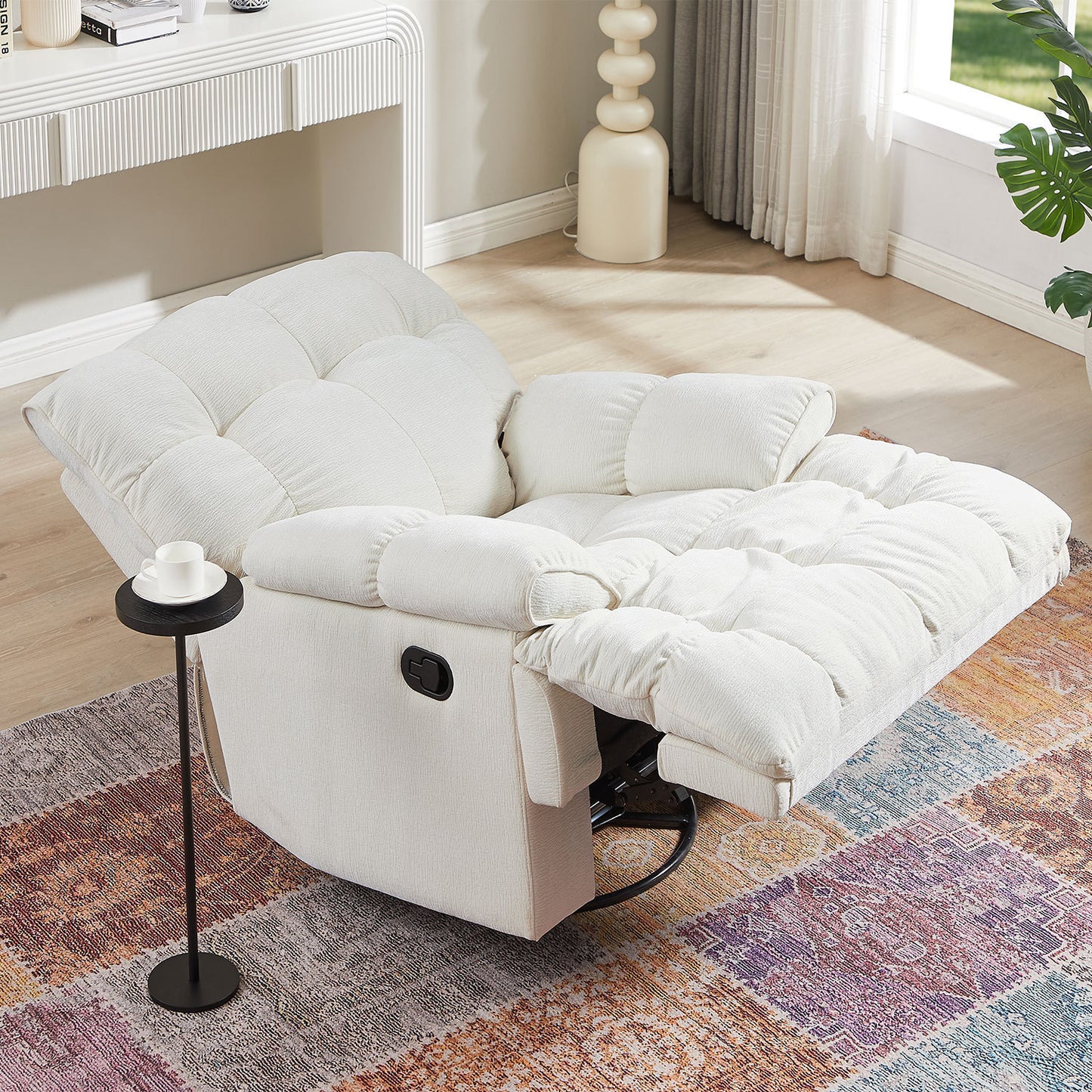 Cream 360 Degree Swivel Fabric Reclining Chair with Overstuffed Backrest