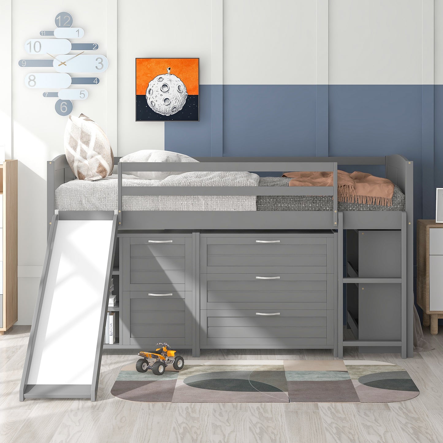 Low Twin Size Loft Bed with Cabinets, Shelves and Slide - Gray