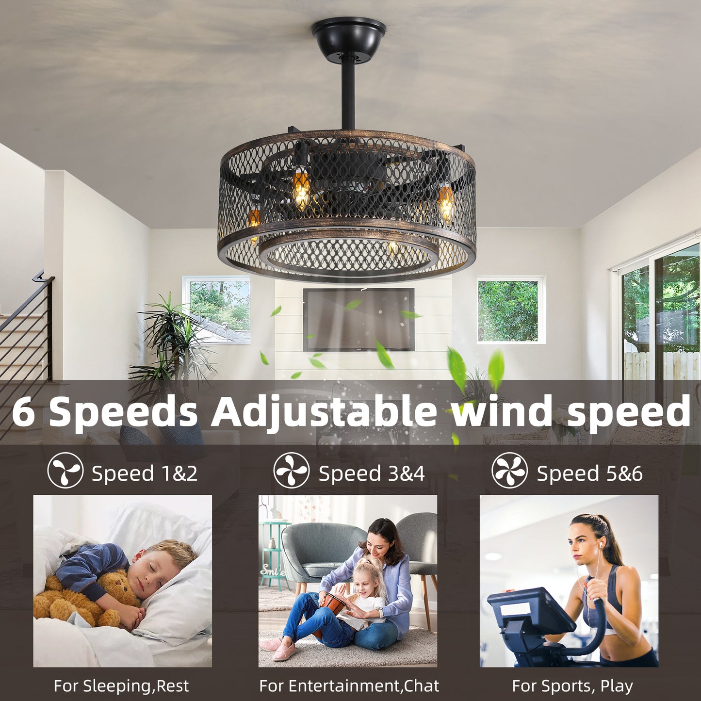 Caged Ceiling Fan with Lights and Remote Control - 20 inch