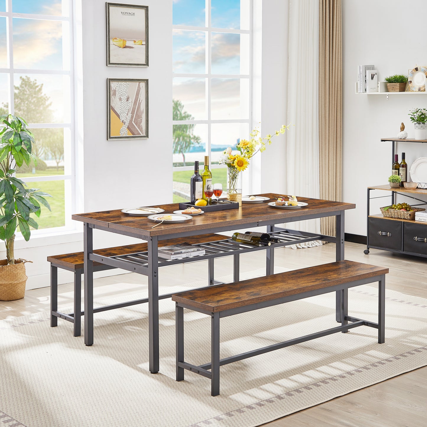 Oversized dining table set for 6, 3-Piece Kitchen Table with 2 Benches, Dining Room Table Set for Home Kitchen, Restaurant, Rustic Brown,67'' L x 31.5'' W x 31.7'' H.