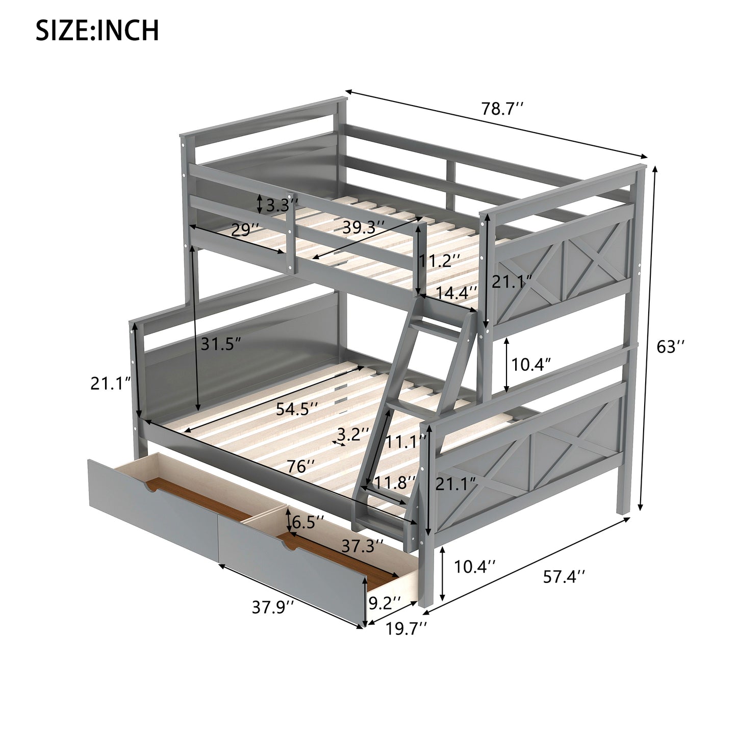 Versatile Gray Twin over Full Bunk Bed with Storage Drawers, Guardrail, and Ladder