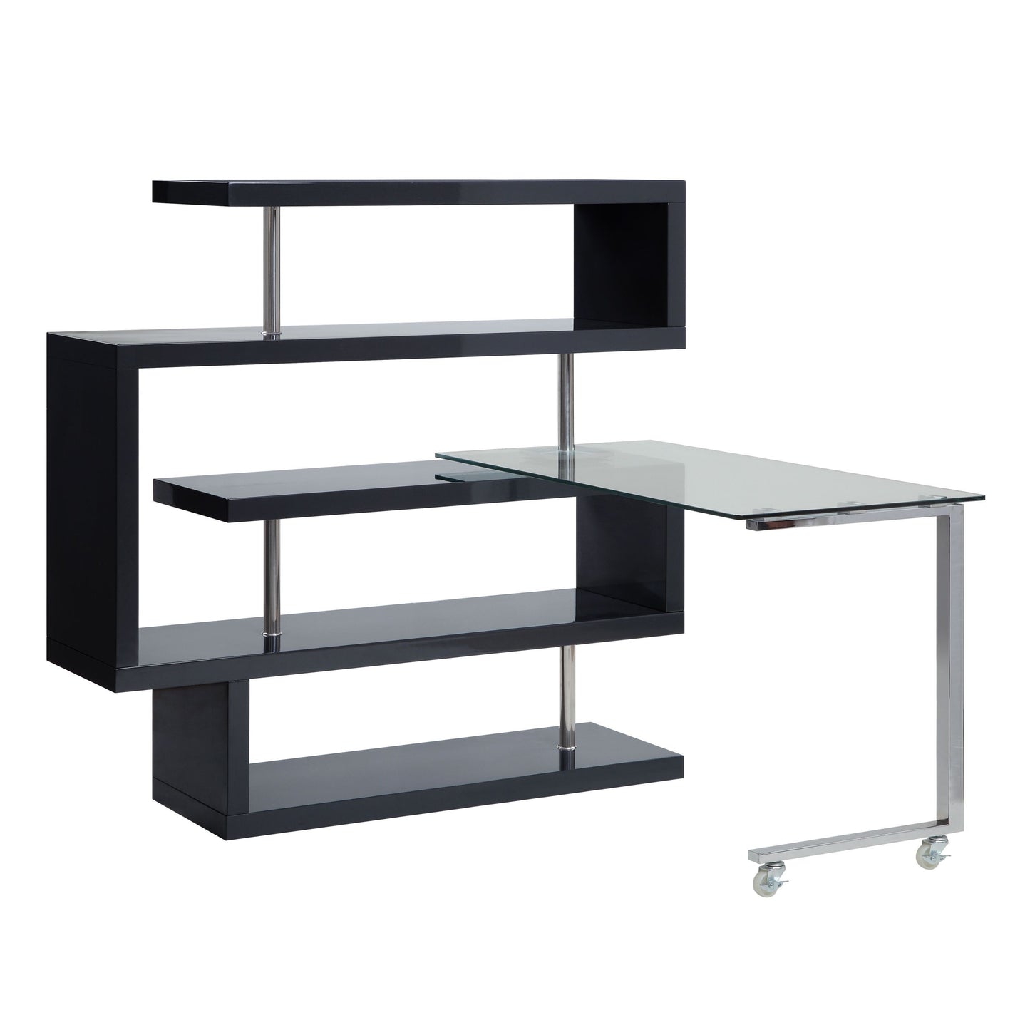 Modern Glass-Top Writing Desk with S-Shaped Shelf, Black and Chrome Finish