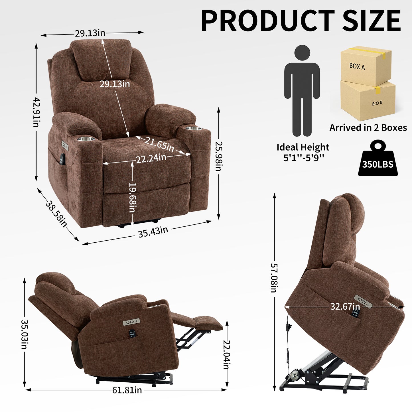 Okin Motor Chenille Power Lift Recliner Chair with Massage, Heating, USB Ports, and Cup Holders - Brown