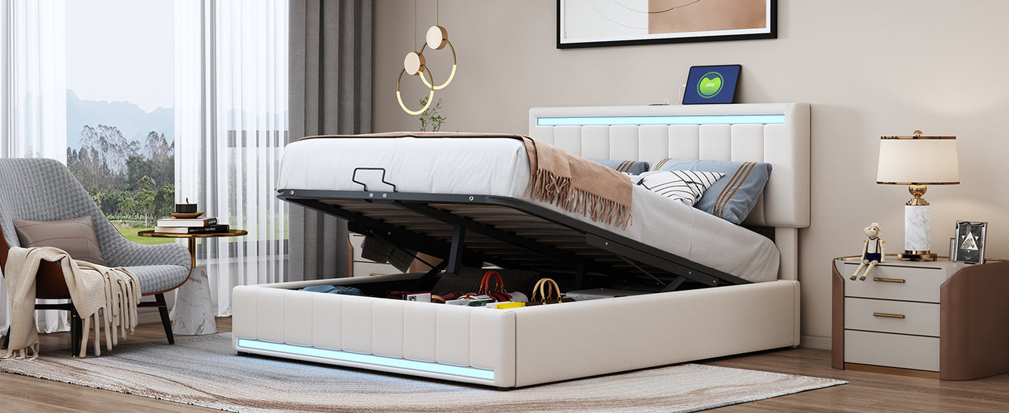 Full Size Upholstered Platform Bed with Hydraulic Storage System, LED Light, and a set of USB Ports and Sockets, Linen Fabric, Beige