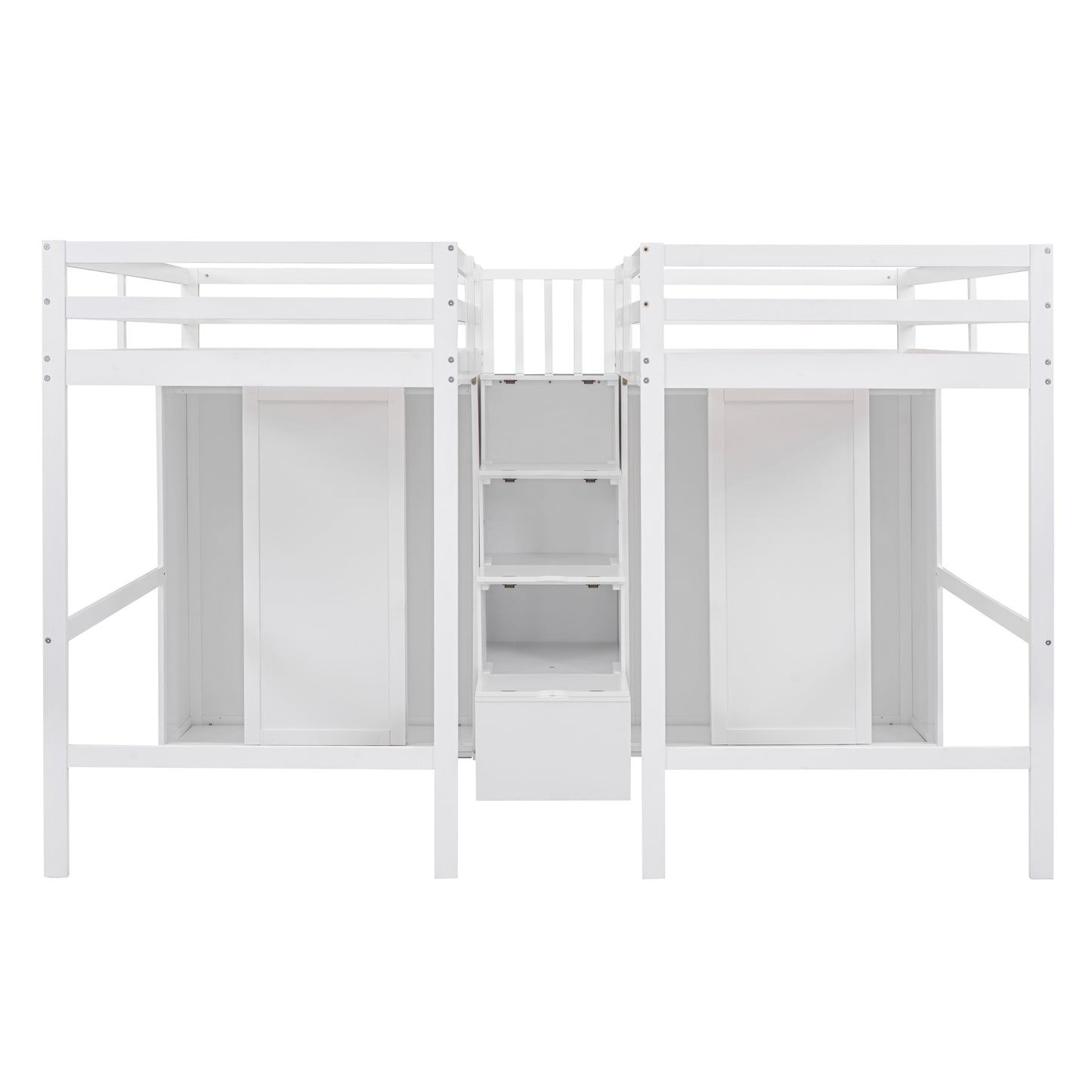 Double Twin Loft Beds with Wardrobes and Staircase, White