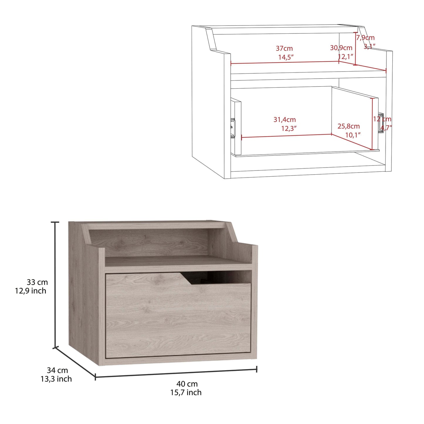 Busan Modern Floating Nightstand, Single-Drawer Design with Sleek Two-Tiered Top Shelf Surfaces- Light Grey - Bedroom