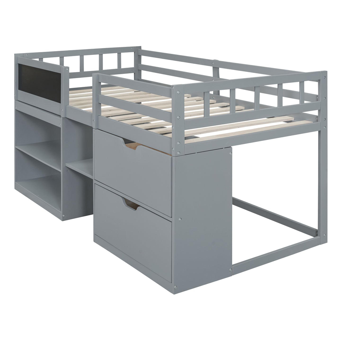 Twin Size Low Loft Bed with Rolling Desk, Shelf and Drawers - Gray