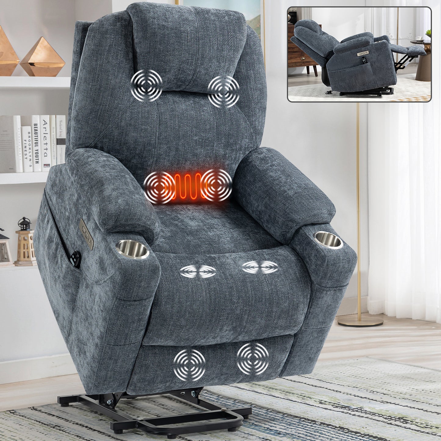 Blue Chenille Power Lift Recliner Chair with Massage and Lumbar Heating