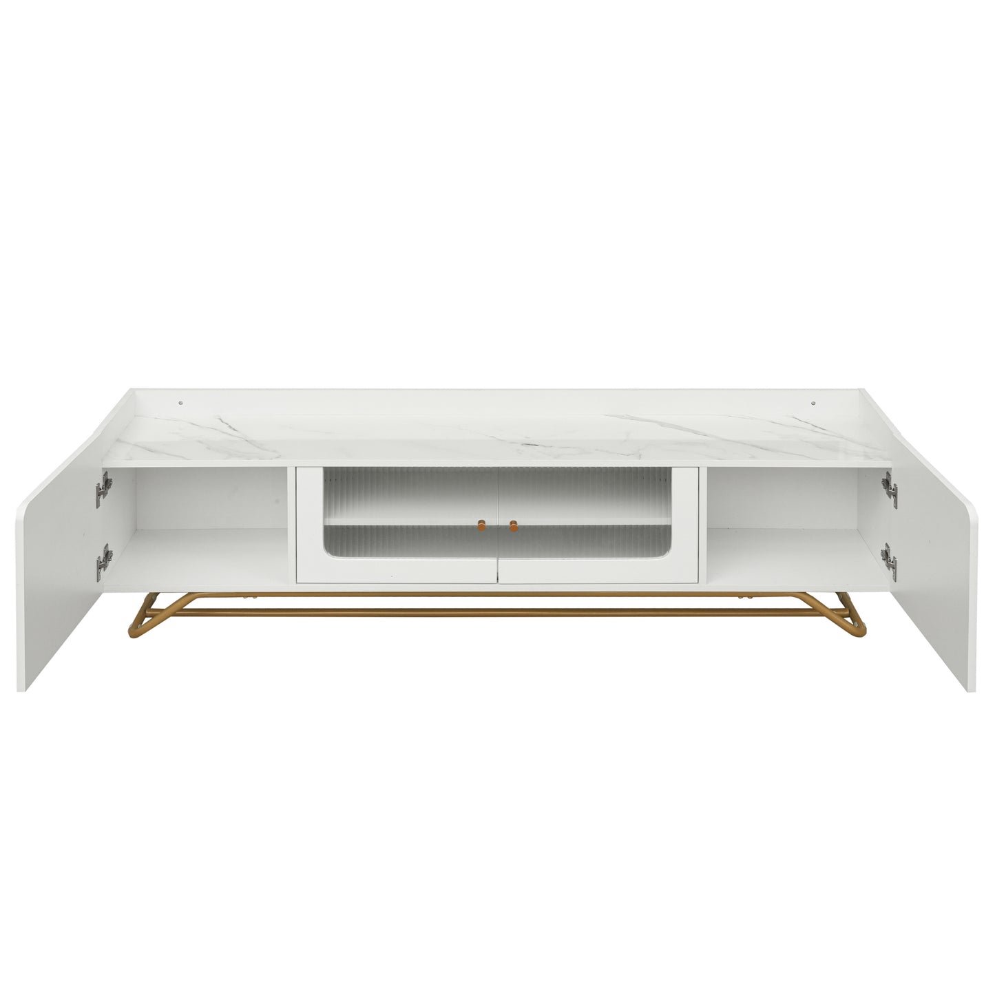 Contemporary White TV Stand with Fluted Glass Doors, Faux Marble Top, and Gold Metal Accents