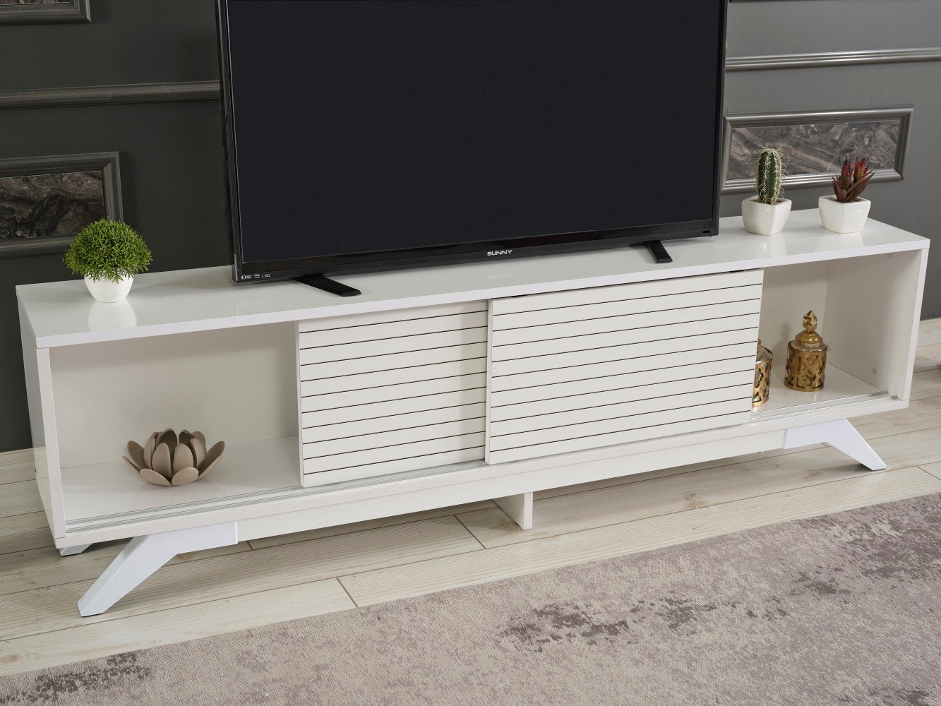 Luxia Mid Century Modern TV Stand with Storage Cabinets and Shelves in White