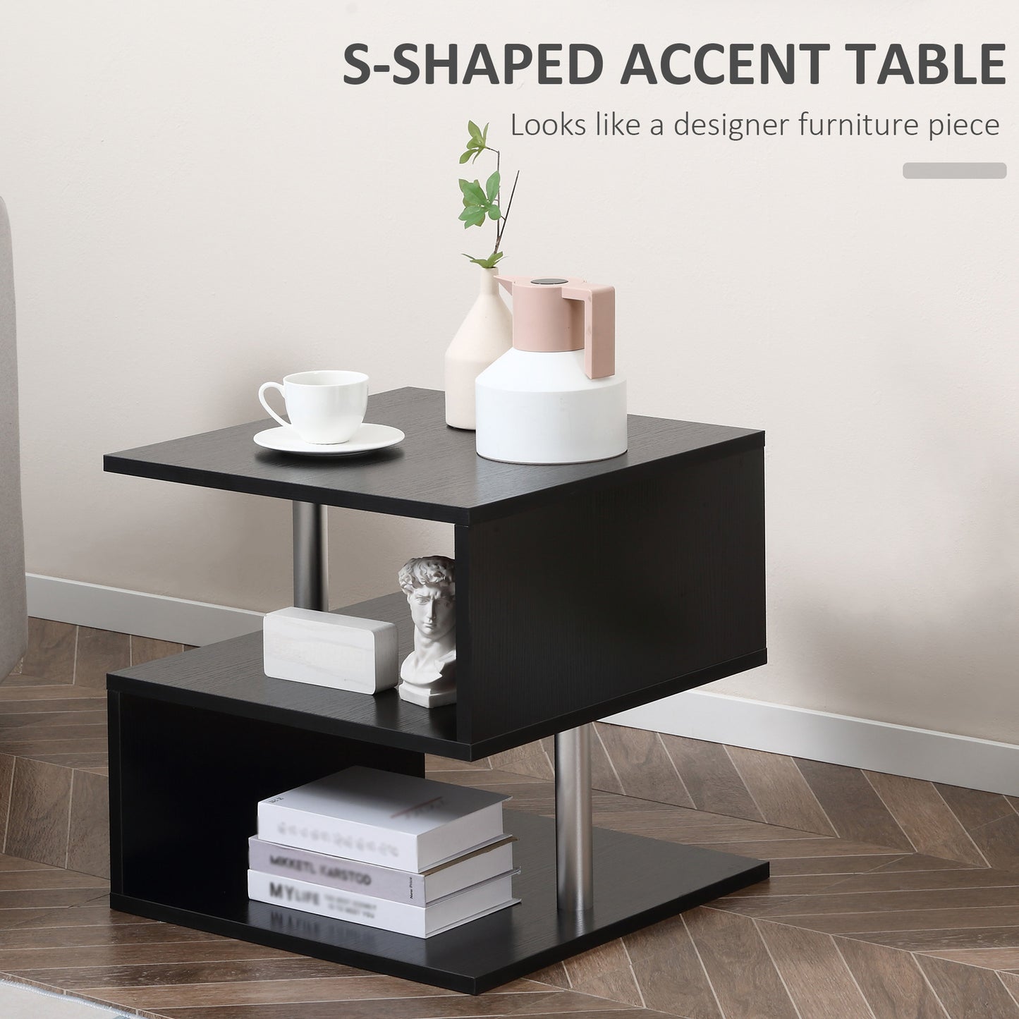 Black S-Shaped Modern Accent Table with Storage Shelf