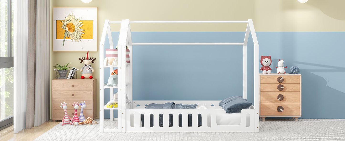 Full Size Wood House Bed with Fence and Detachable Storage Shelves, White(Expected Arrival Time: 1.7)