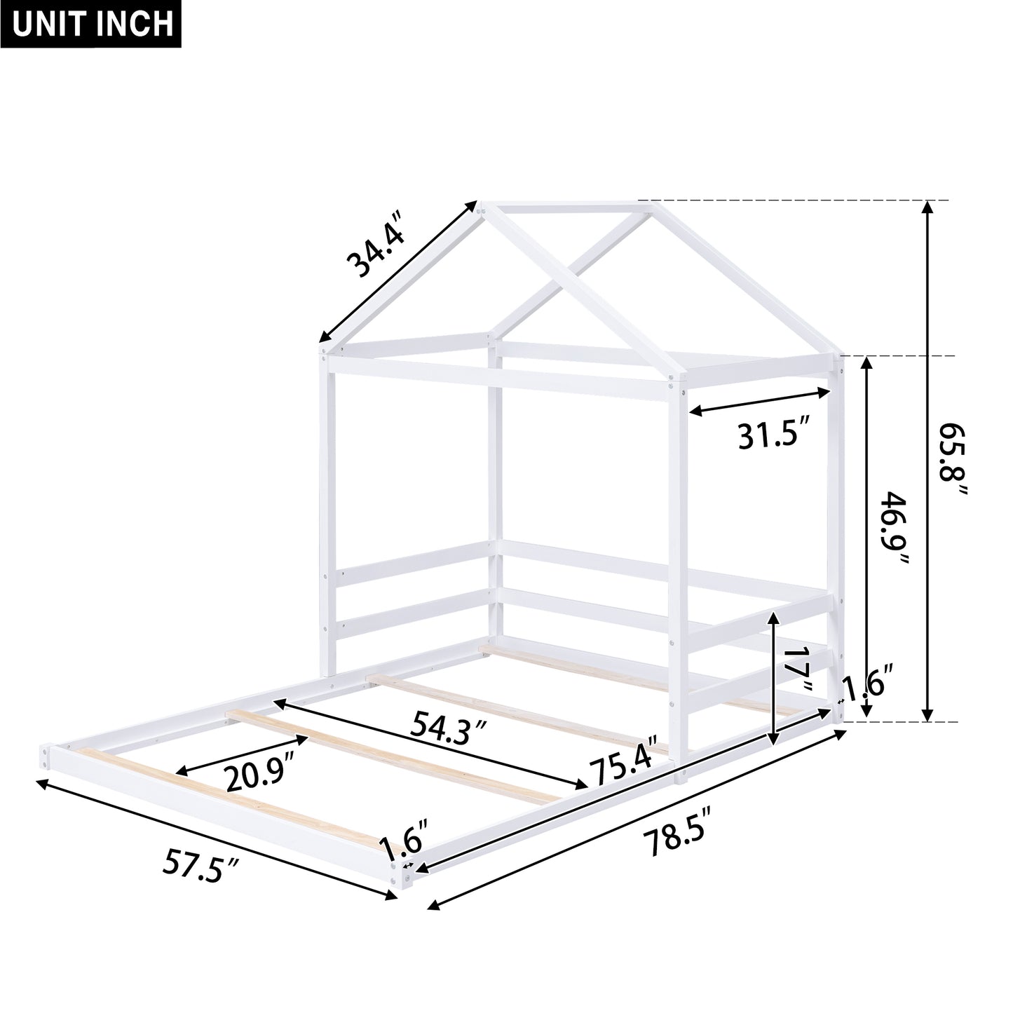 Wood Full Size House Bed with Guardrail, White