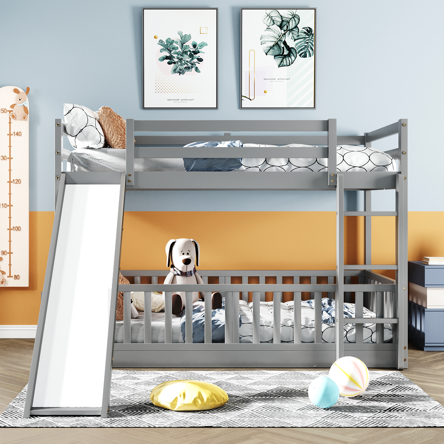 Gray Twin Bunk Bed with Slide, Ladder, and Space-Saving Design for Cozy Bedrooms