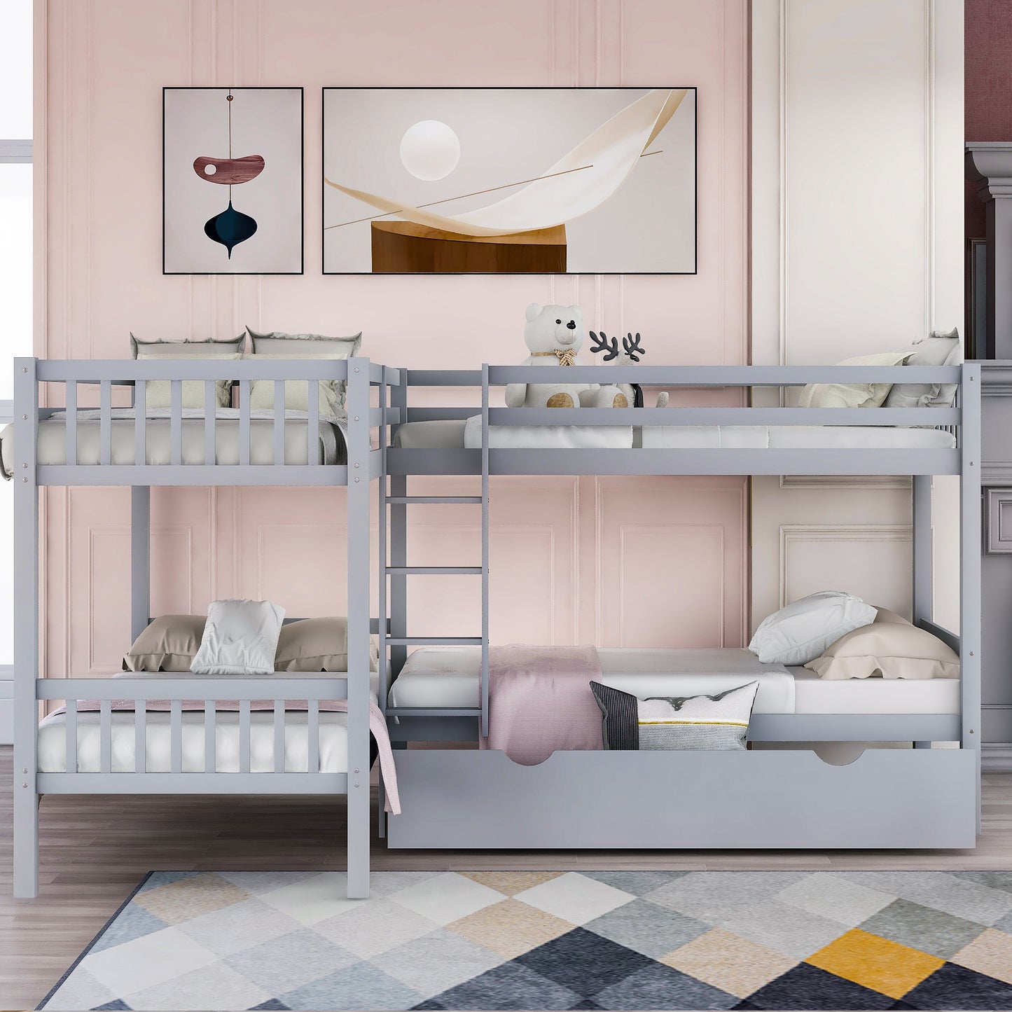 Gray Twin L-Shaped Bunk Bed with Storage Drawers for Space Optimization