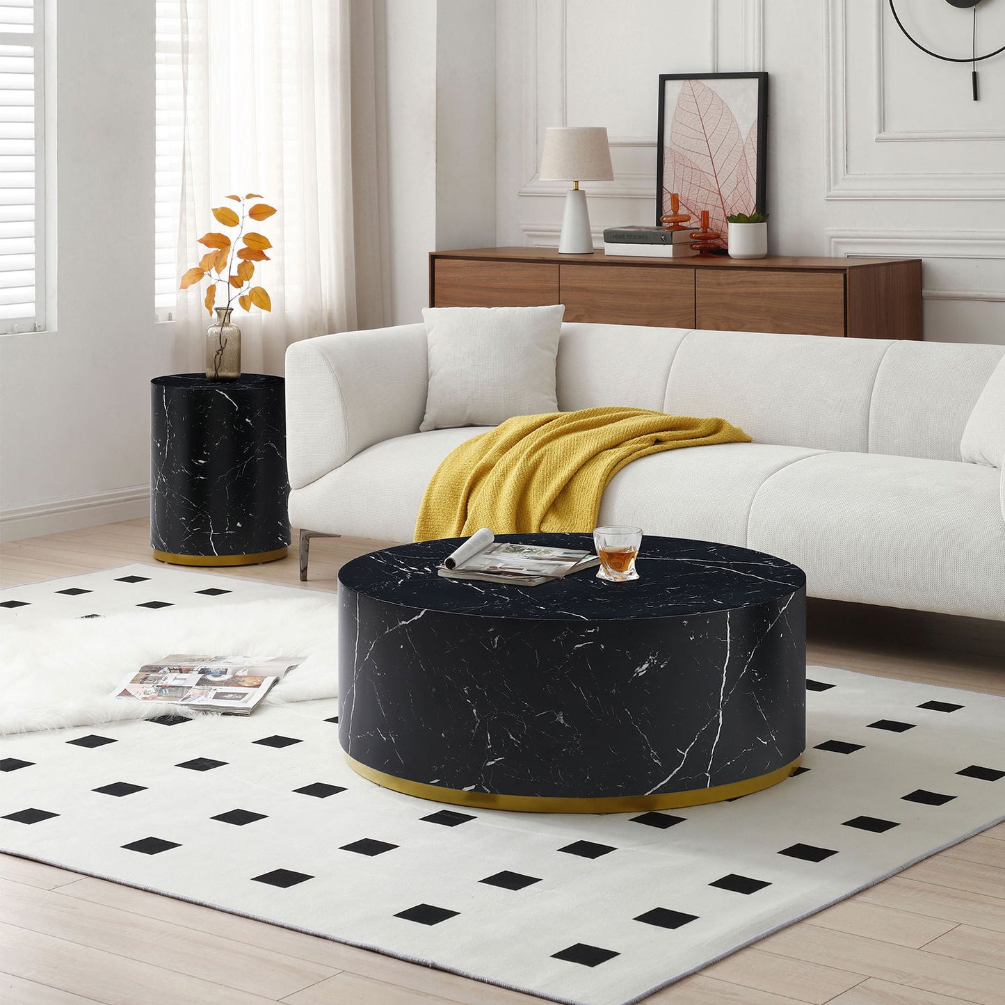 Modern Black Faux Marble Coffee Table with Gold Metal Base