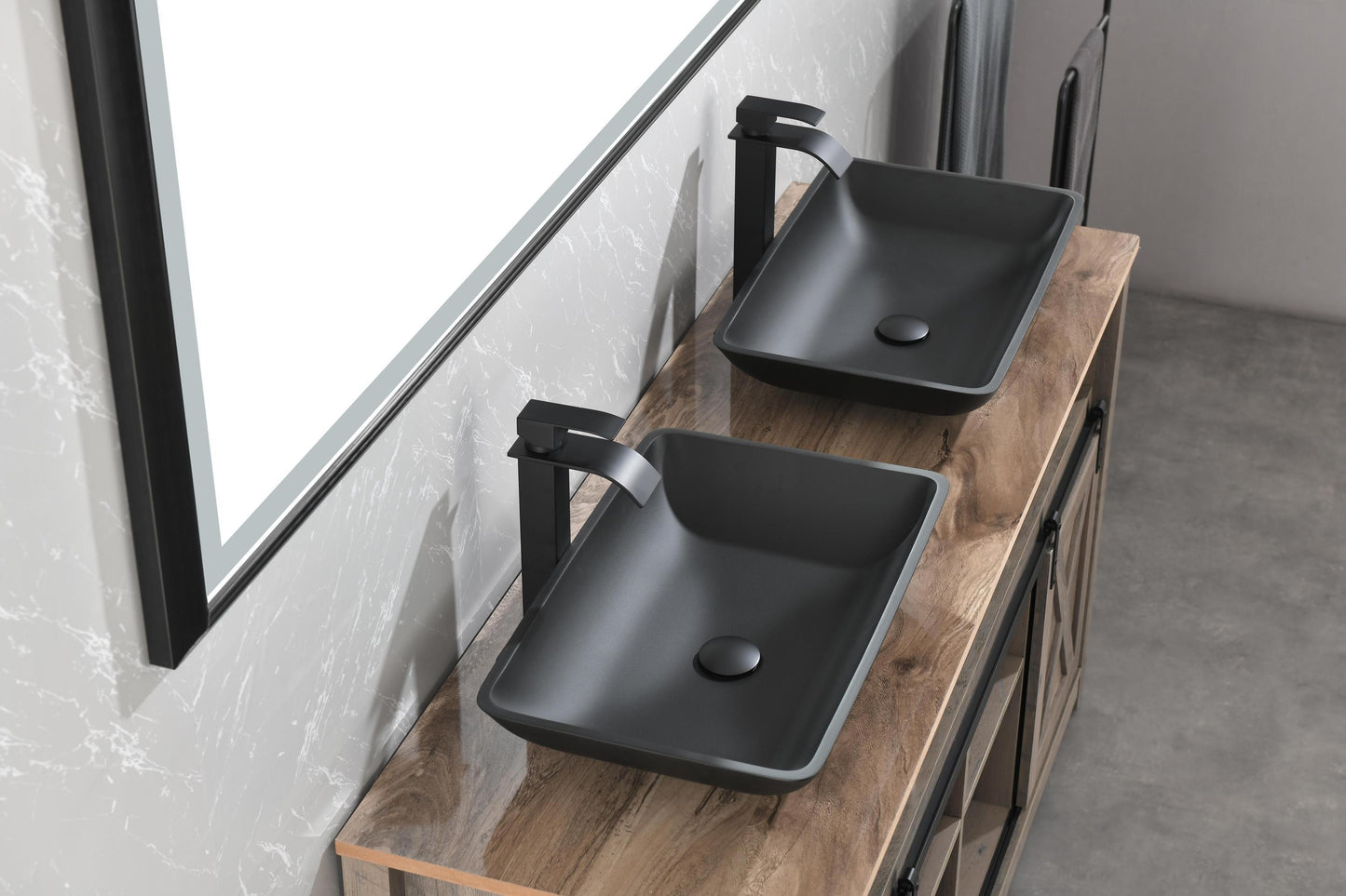 Black Matte Glass Rectangular Vessel Bathroom Sink Set with Faucet and Pop-Up Drain