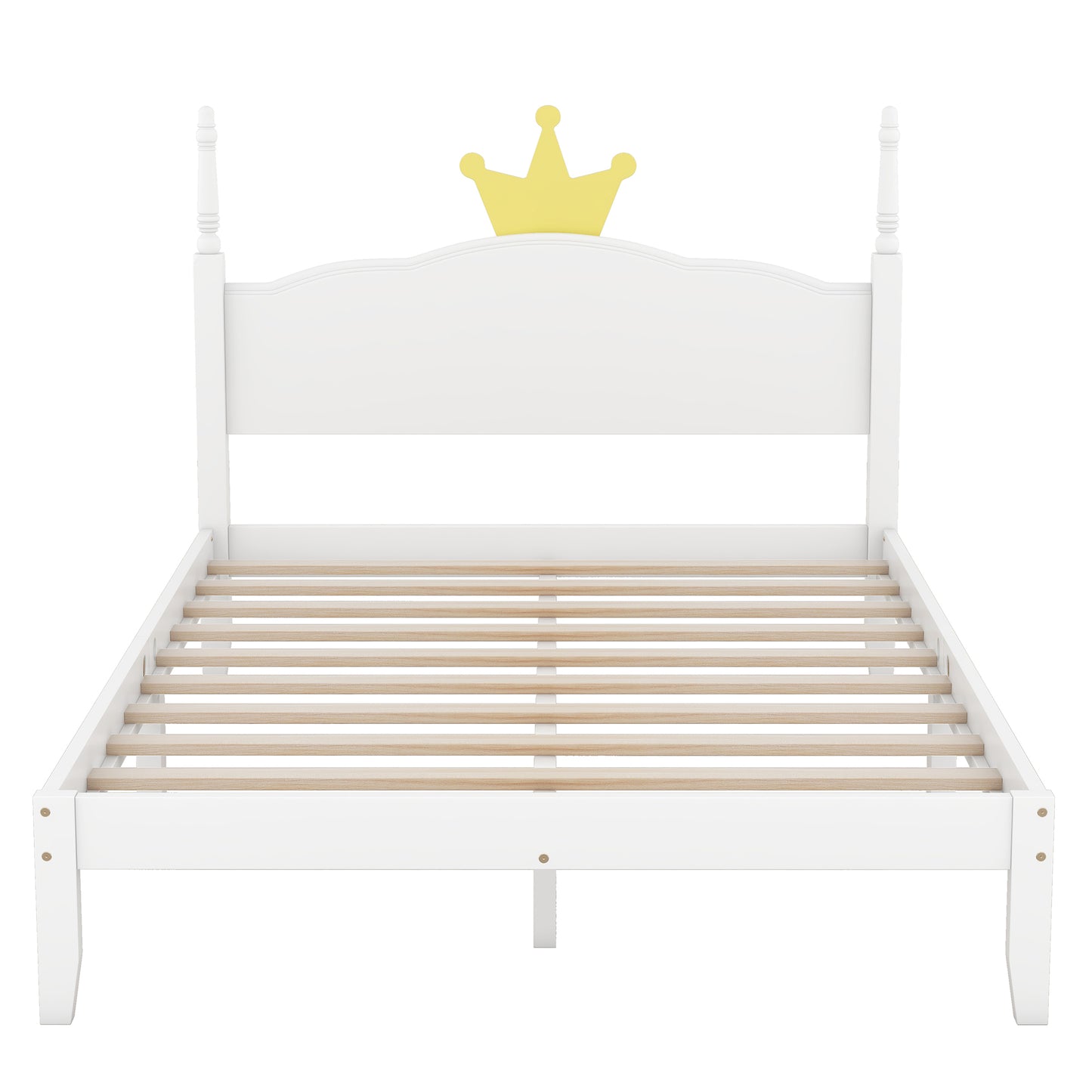 Full Size Wood Platform Bed with Crown Shaped Headboard, White