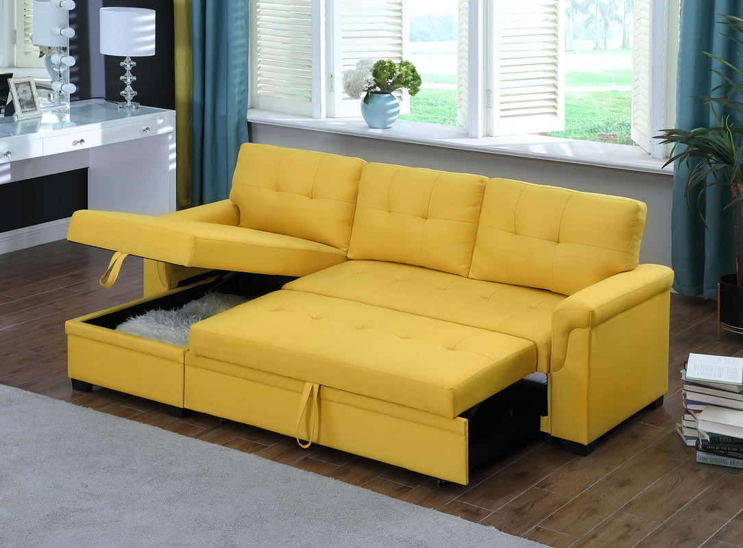 Lucca Yellow Linen Sleeper Sectional Sofa with Reversible Storage Chaise