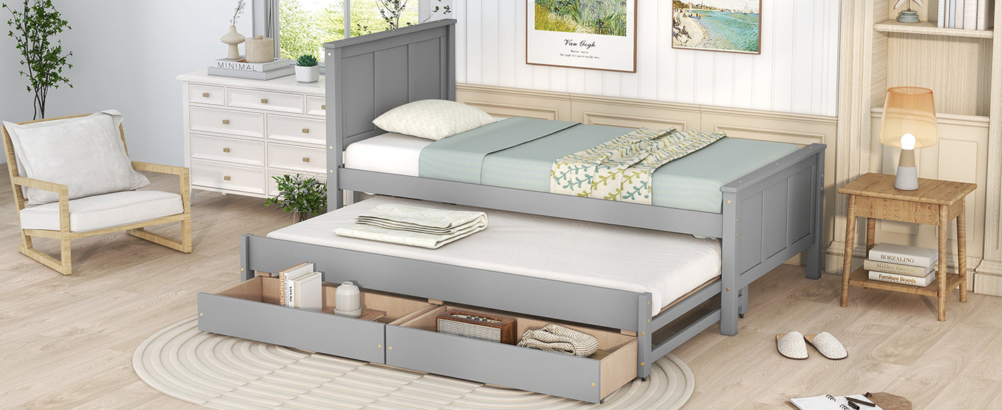 Twin Size Platform Bed with Trundle and Drawers, Gray