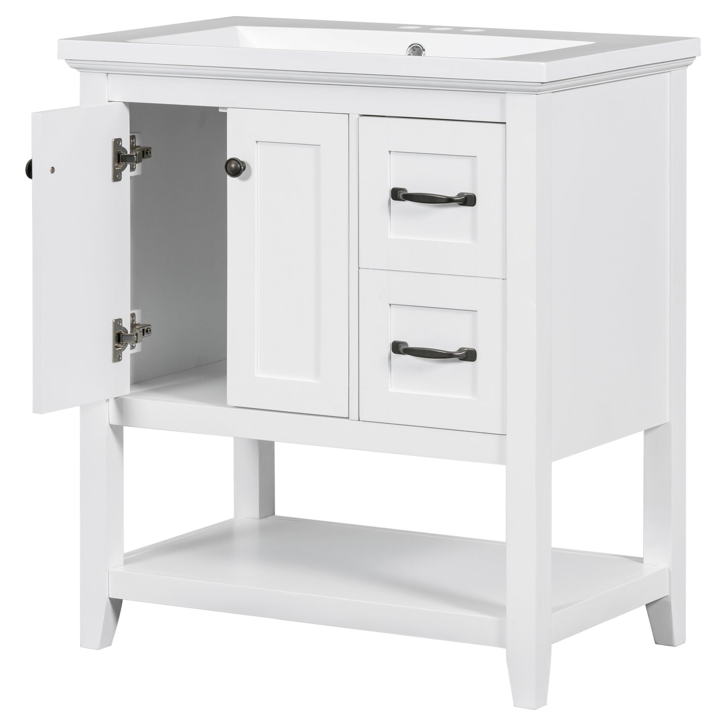 30" Bathroom Vanity with Ceramic Sink Top, Vanity Cabinet with Multi-Functional Drawer, Solid Wood Legs, White