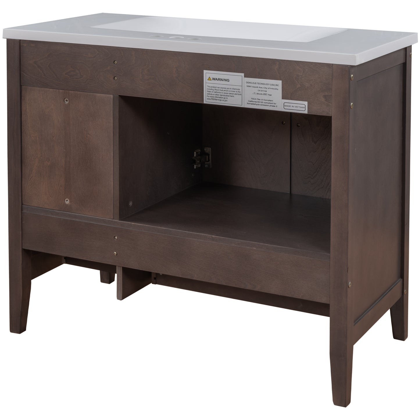 36" Bathroom Vanity with Ceramic Basin, Bathroom Storage Cabinet with Two Doors and Drawers, Solid Frame, Metal Handles, Brown