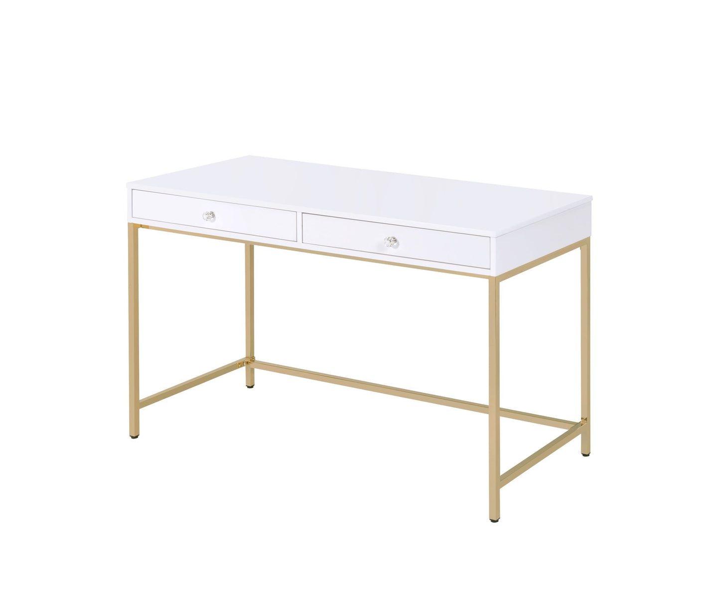 Elegant White High Gloss Office Desk with Gold Metal Accents and Storage