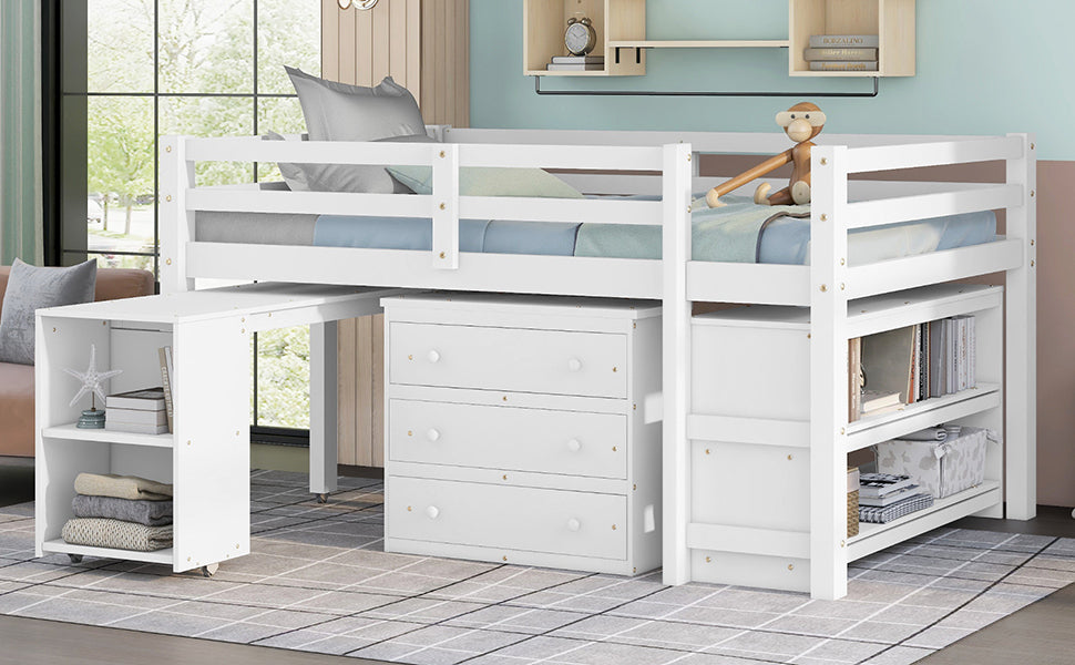 Low Study Full Loft Bed with Cabinet ,Shelves and Rolling Portable Desk ,Multiple Functions Bed- White