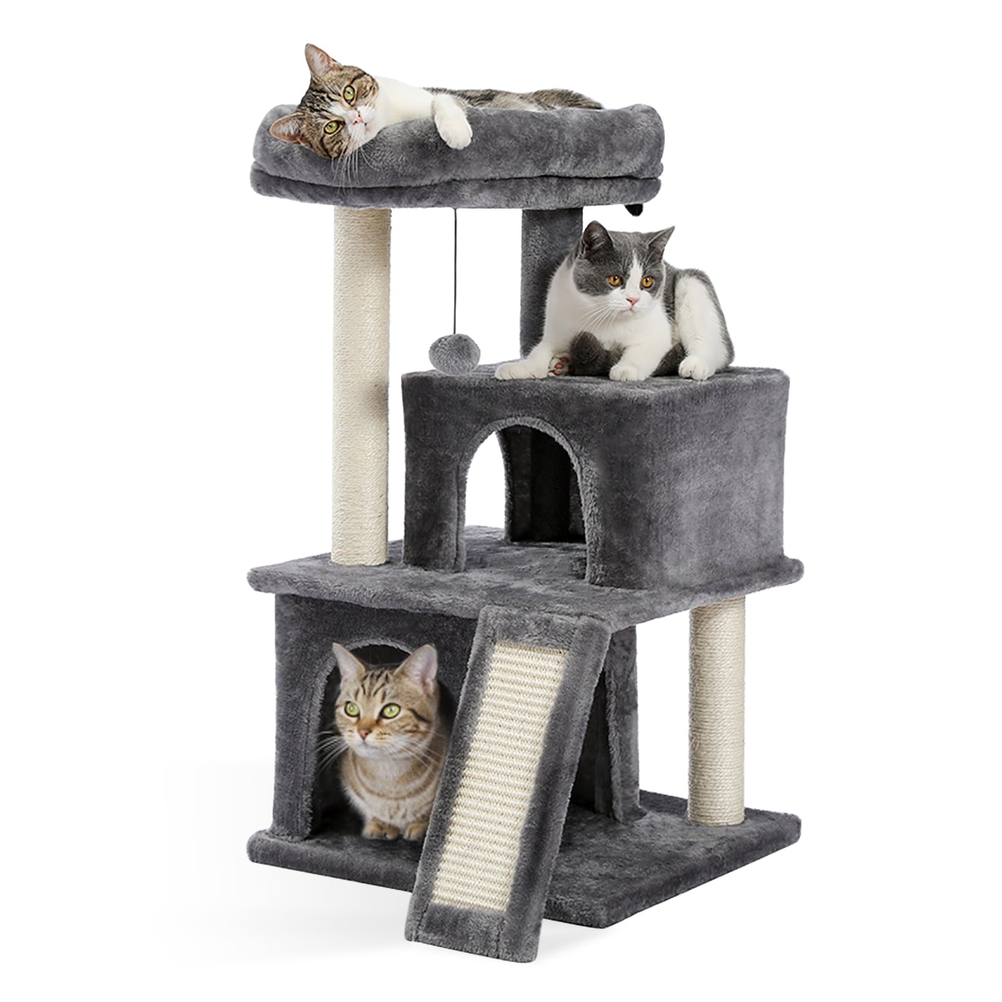 Cat Tree Luxury 34 Inches Cat Tower with Double Condos, Spacious Perch, Fully Wrapped Scratching Sisal Posts and Replaceable Dangling Balls Gray