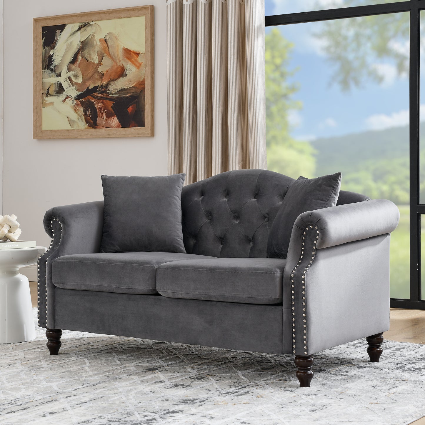 Luxurious Grey Velvet Chesterfield 3-Seater and 2-Seater Combination Sofa