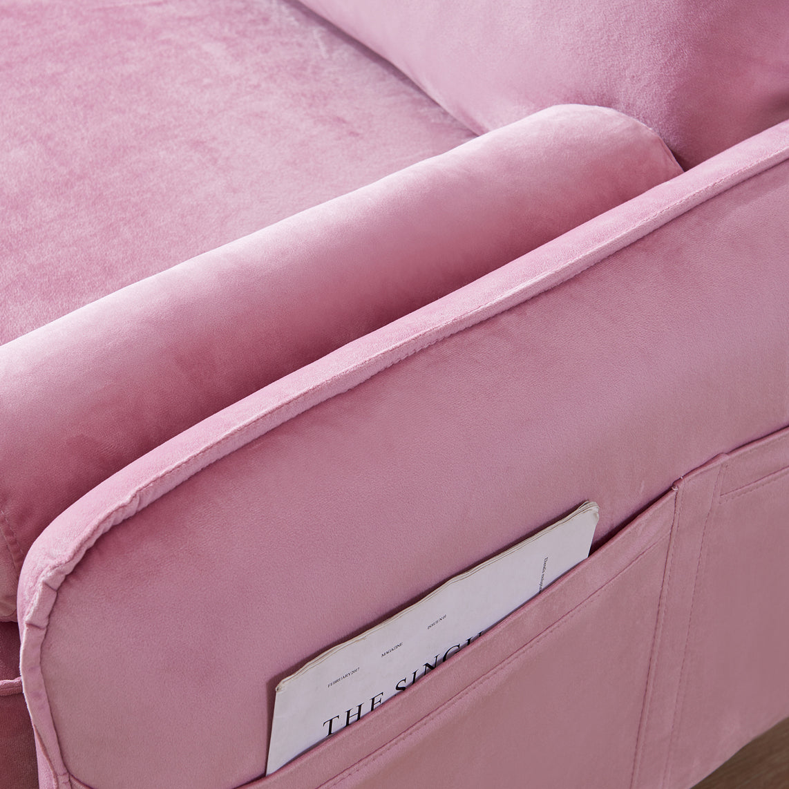 Velvet 71'' Mid Century Pink Sofa with Armrest Pocket and Throw Pillows