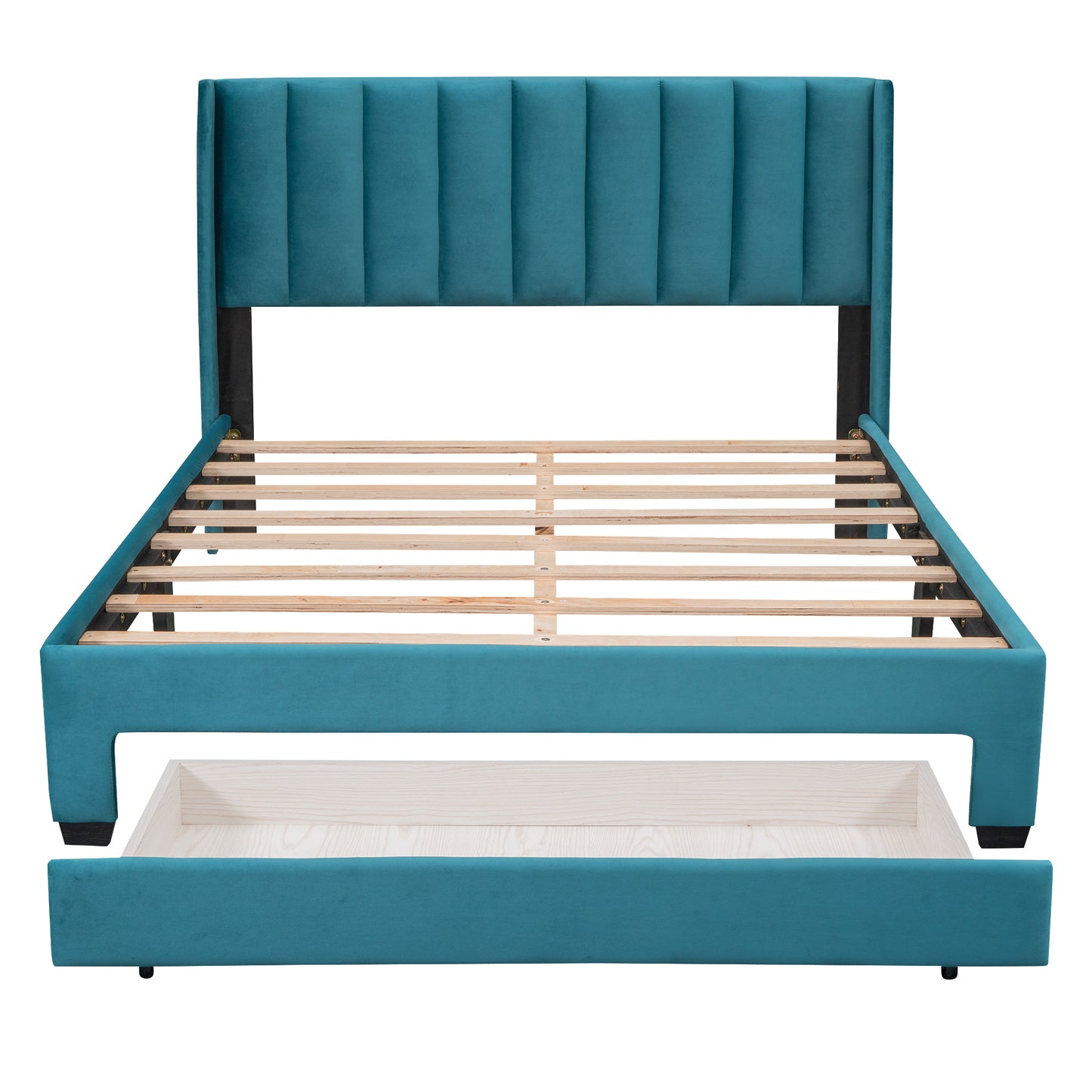 Queen Size Storage Bed Velvet Upholstered Platform Bed with a Big Drawer - Blue